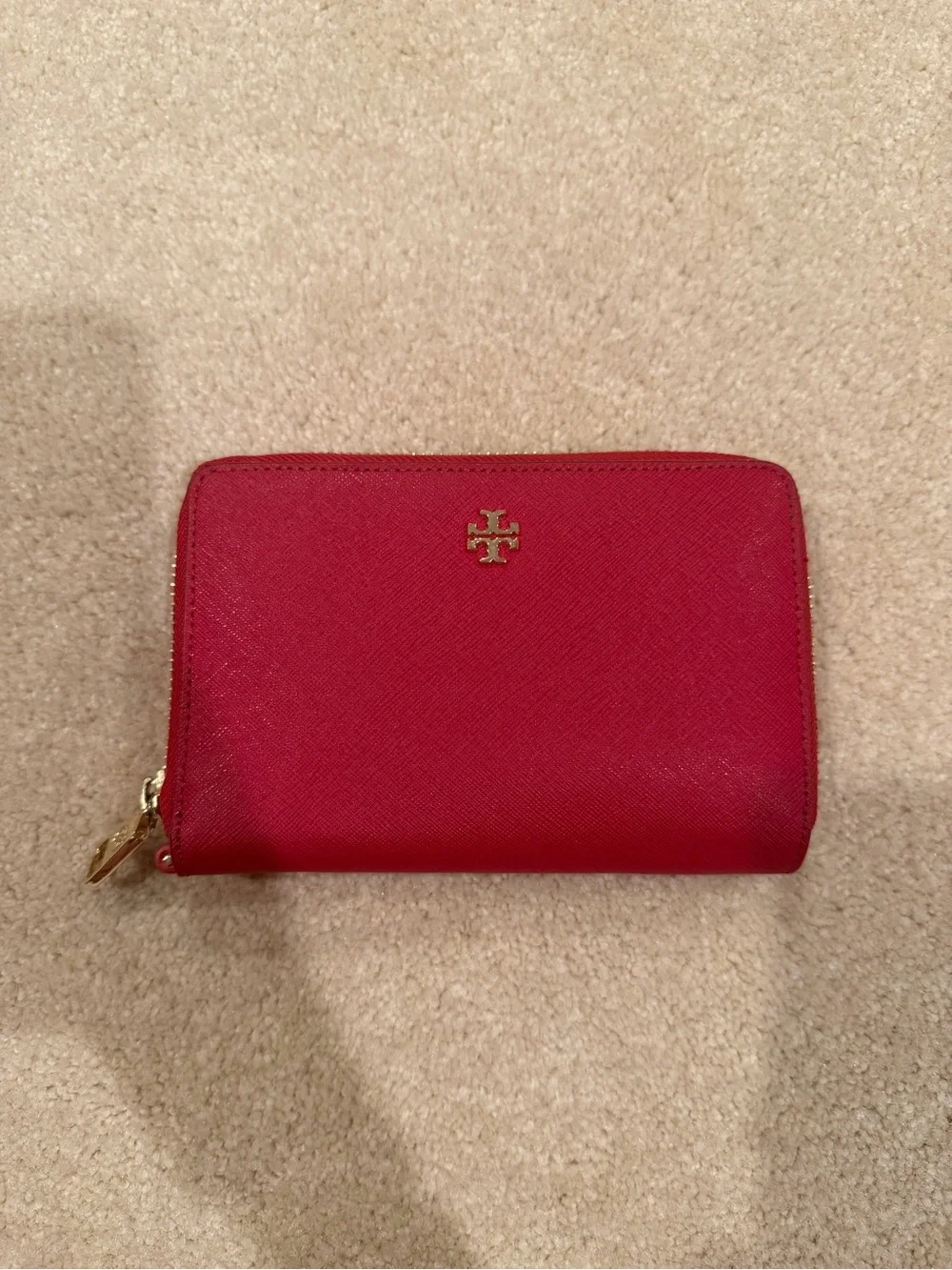 Tory Burch Cherry Red Zip-Around Wallet with Gold Logo